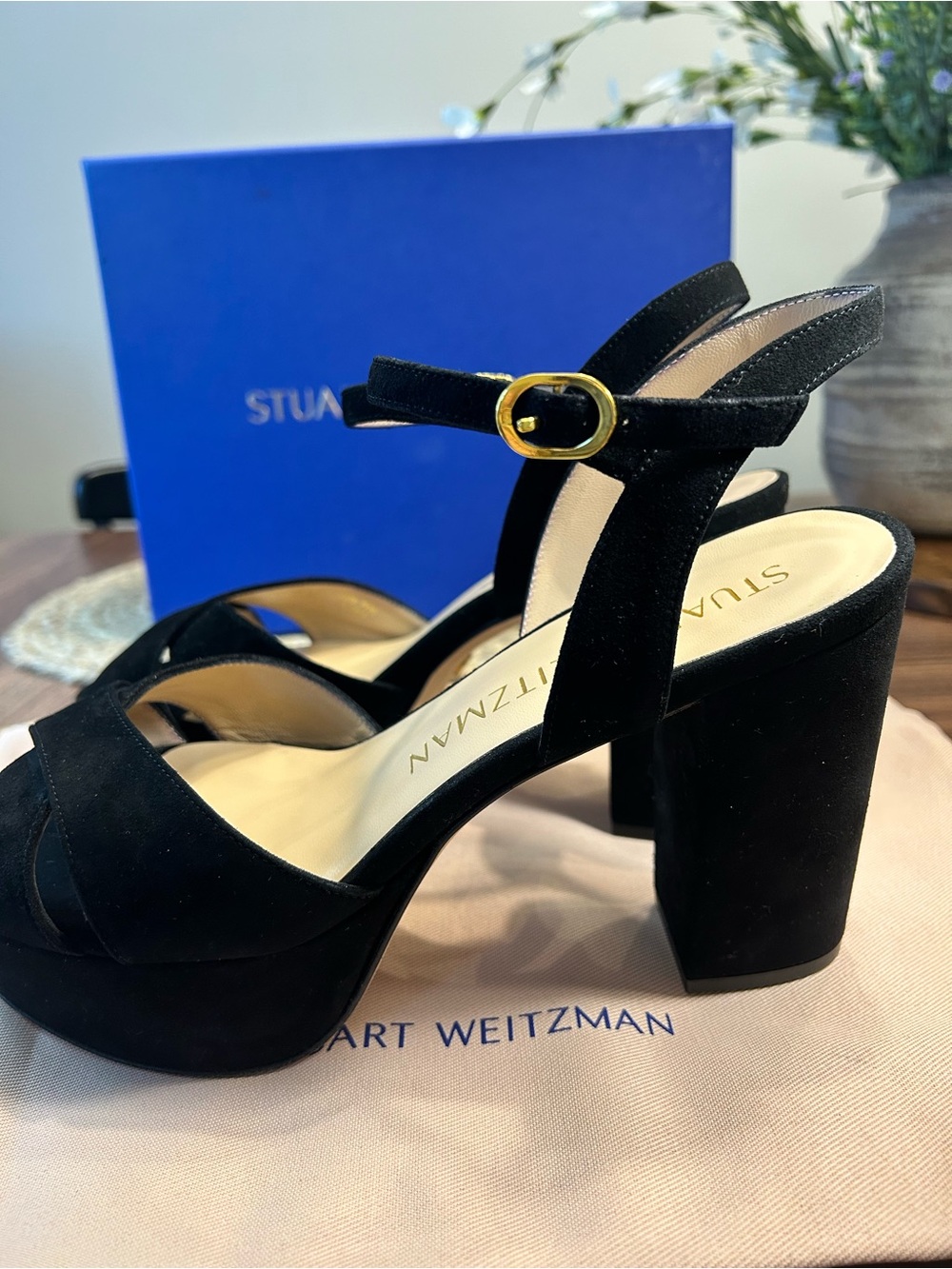 Stuart Weitzman Black Suede Platform Block-Heel Sandals (sz 8) - Picture 8 of 14